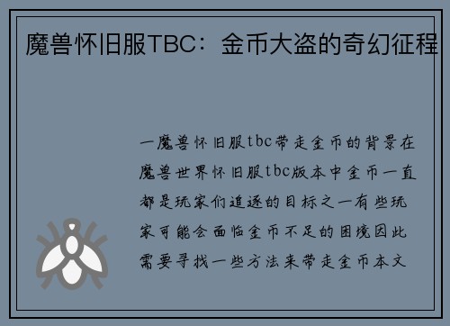魔兽怀旧服TBC：金币大盗的奇幻征程